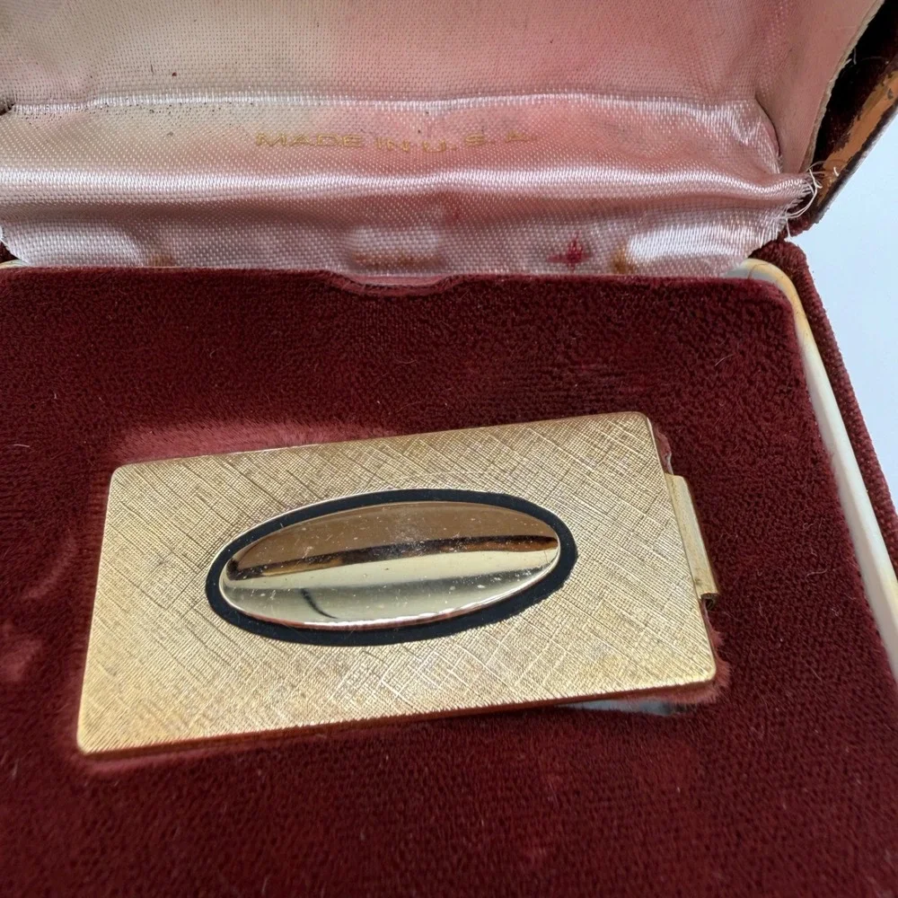 Vintage Anson Gold Tone Textured Rectangle Oval Tie Clip with Original‎ Box USA